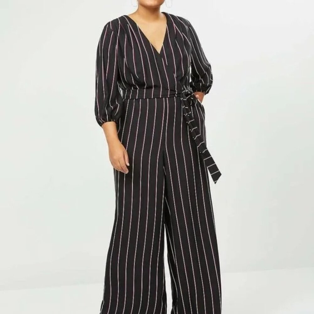 Women's Lane Bryant Stripe Jumpsuit Black White Burgundy Size 14
